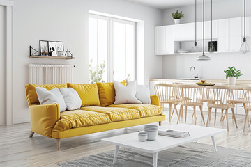 A bright and airy modern living room with a sunshine yellow sofa, bringing a cheerful vibe. The space includes a minimalist, white coffee table and Scandinavian-style wooden chairs. 