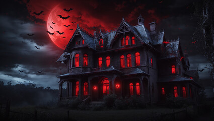 a haunted house with bats flying around it. The house has red glowing windows and a large tree with gnarled branches next to it. The sky is dark and there is a full moon