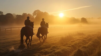 Equestrian Riders in Misty Sunrise Field. Two horseback riders traverse a misty field at sunrise, silhouetted against the warm golden light of early morning.