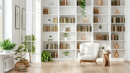 Fototapeta na wymiar White bookshelves with open shelving depicting a selection of books, plants, and attractive items in a living room across the wall next to them and space, Generative AI.