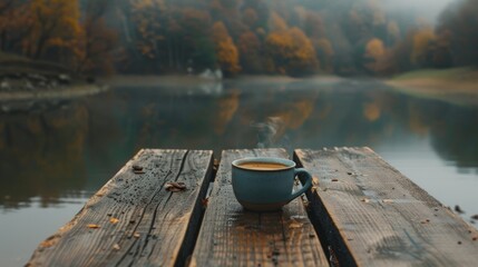 A tranquil autumn scene with a hot coffee cup on a rustic wooden pier overlooking a misty lake.