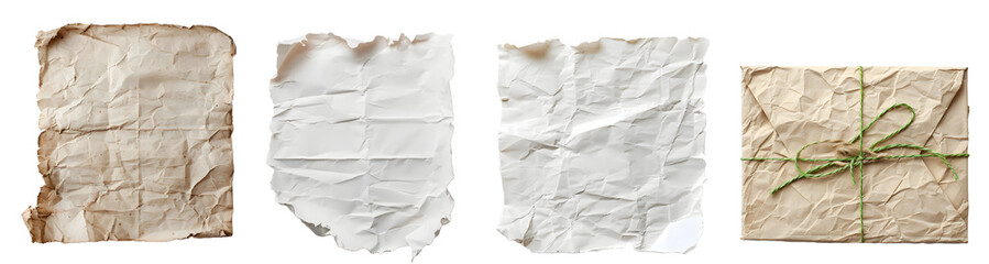 Crumpled white paper, copy space isolated on a transparent PNG background, white background , cut out, clipping path, Generative Ai