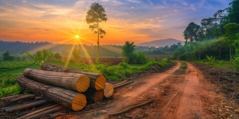 Breathtaking sunrise over a serene rural landscape with a dirt road and log piles. - Powered by Adobe