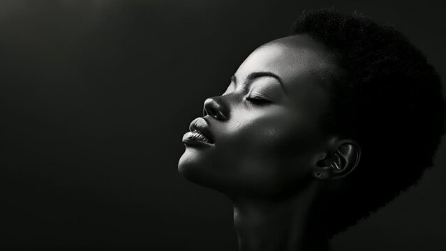 Against a stark black background a striking black woman stands tall with her head held high. The use of monochrome adds a touch of sophistication to her alluring pose evoking a sense .