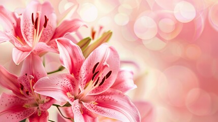 Vibrant pink lily flowers against a dreamy, blurred light background, emphasizing natural beauty and freshness.