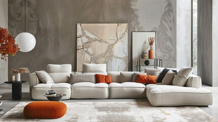 A cozy living room adorned with a minimalist sofa against a backdrop of neutral tones, accentuated...