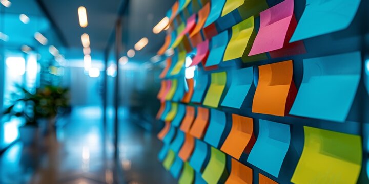 A creative display of multicolored sticky notes on a glass wall in a modern office workspace. - Powered by Adobe