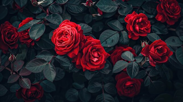 There are red roses with dark green leaves in the photo.