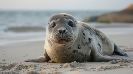 Fototapeta premium Harbor Seal Lounging on Sandy Beach. Charming harbor seal rests on a sandy beach, its large eyes and spotted fur drawing attention to this marine mammal's endearing qualities.