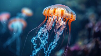 Orange Jellyfish Drifting in Deep Blue Sea. Ethereal orange jellyfish floats gracefully in the deep blue sea, surrounded by a dance of light and shadow in its underwater world.