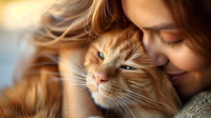 Beautiful young woman with ginger cat on sunny day, closeup