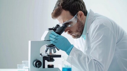 A biotech researcher in lab attire, examining samples under a microscope, appearing focused and curious, against a clean, white background, styled as an innovative scientific corporate study.
