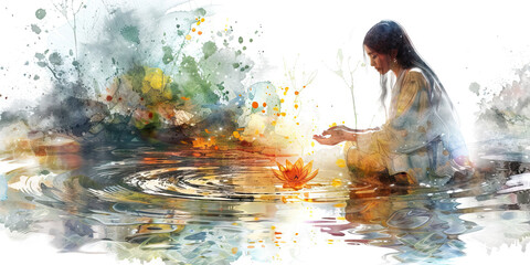 The Ritual of Renewal and Cleansing Waters - Visualize a ritual of renewal involving cleansing waters, illustrating the purification and renewal of spirit that can come from engaging in religious ritu