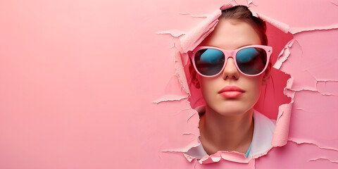 Beautiful young woman in sunglasses looking through hole in pink paper.