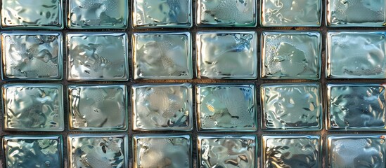 Close-up view of a textured wall made of glass blocks, featuring an abundance of water droplets creating a glistening effect