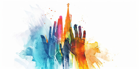 Building Faith: The Constructing Hands and Rising Steeple - Visualize hands constructing a steeple, illustrating the process of building faith and belief - obrazy, fototapety, plakaty