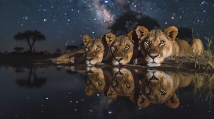 Lions Reflecting by Waterhole Under Stars. Pride of lions gathers by a waterhole, their reflections merging with the night sky glittered with stars, in a serene savannah night scene.