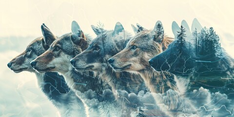 A double exposure of variety of animals shot in a vivid mountain at dawn environment, with the animals sporting over a white backdrop and space, Generative AI. - obrazy, fototapety, plakaty
