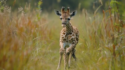 Giraffe Calf Trotting in Golden Grassland. Adorable giraffe calf trots gracefully through the tall grasses of its native grassland habitat. - obrazy, fototapety, plakaty
