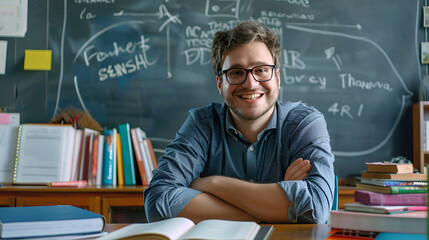 Young male teacher wearing glasses sitting at school desk with books and notes, reading book happy and positive smiling cheerfully in front of blackboard in classroom