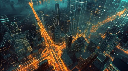 Tech-Infused Urban Landscape: Illuminated Cityscape with Smart Connectivity