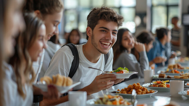 Cheerful happy cute funny students kids eat in school cafeteria, dining room, canteen, childhood boy and girl education fruits and vegetables.