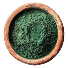 spirulina powder in clay pot  top view isolated on transparent background Remove png, Clipping Path, pen tool