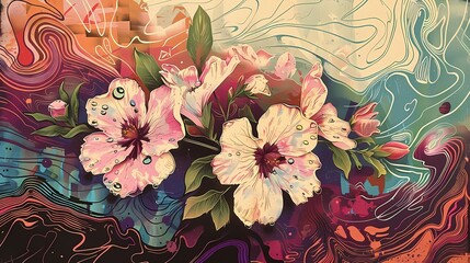 Fototapeta na wymiar vintage colorful flowers plants pattern illustration poster background