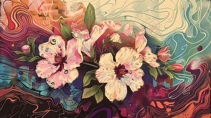 Fotobehang vintage colorful flowers plants pattern illustration poster background © jinzhen