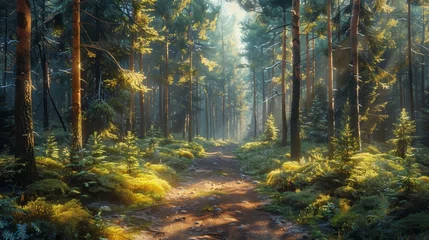 Stof per meter A serene environment with dense foliage, sunlight filtering through tall trees, and natural tranquility awaits along the forest pathway © Fokasu Art