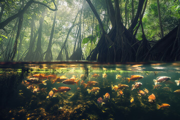 River and Swamp in deep forest with half under water view at foggy morning, Banyan tree with...