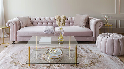 A modern living space with a pale lavender velvet sofa, glass coffee table, and refined gold...