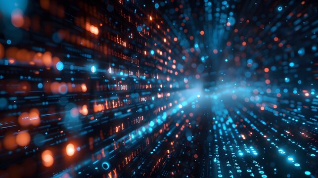 In the digital age, a technology background featuring dark space illuminated by flowing blue glowing binary code and numbers underscores the critical importance of data privacy and the safeguarding