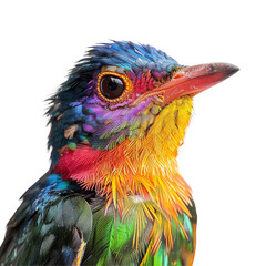 A close up view of a vibrant young bird with a colorful beak stands out against a transparent background