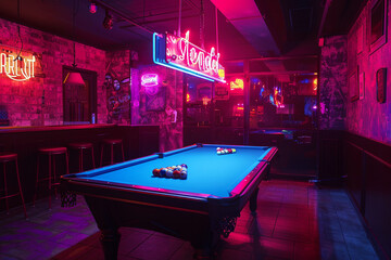 A neon-lit pool table in a secluded area of the club.
