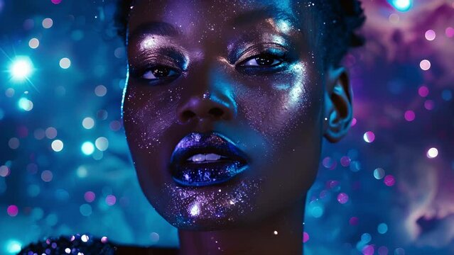 A striking portrait of a black woman with a metallic silver lip and a reflective sequin dress representing the fusion of glamour and technology in the universe. The stars and galaxies .