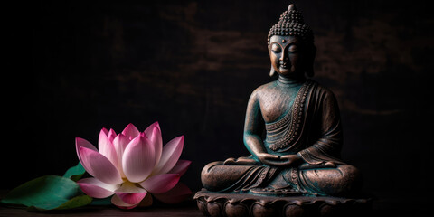 Buddha statue and lotus flower on black background, copy space. Buddha Purnima. Vesak day. Meditating Buddha and Pink Lotus