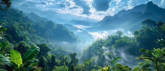The scenic mountain view reveals rolling hills, lush vegetation, early morning fog, and a vast natural landscape - Powered by Adobe