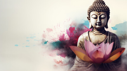 Buddha statue with lotus flower on watercolor splashes background, copy space. Buddha Purnima. Vesak day. Meditating Buddha and Pink Lotus on a white background, watercolor