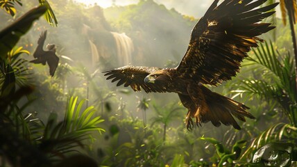 Anthropomorphic artistic image of jungle raptor in distance 