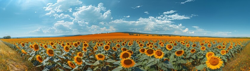 Scenic sunflower field under clear skies, with vibrant yellow blooms and green leaves, a picturesque and uplifting landscape