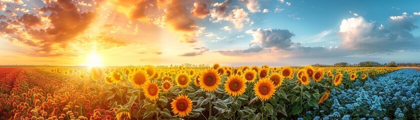 Sunflower landscape, bright yellow flowers against a summer sky, wide field, uplifting and vibrant scenic view