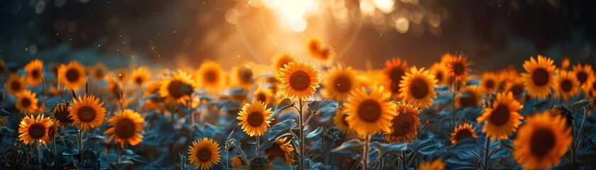 Capturing the radiant beauty of sunflowers in a field, showcasing their large, bright yellow blooms under the summer sun