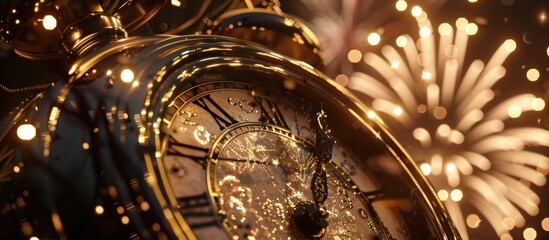 New Year 2024 - Golden Clock And Fireworks.