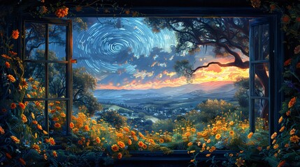 Enchanted twilight vista through window