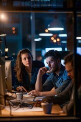 Professional Photography of employees diligently working on their tasks late into the night in a well-lit office space, showcasing dedication, Generative AI