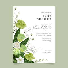 Greenery Baby Shower Invitation Card with Beautiful Anthurium Flower, Lotus Fruits, Rose and Magnolia Flowers