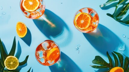 summer background with glass of orange drink and tropical leaves