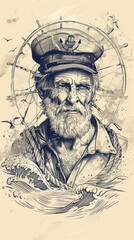 sketch of an old sailor, poster style with a ship, ocean waves, ships wheel, rope, seagulls, anchors