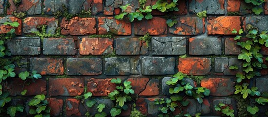 Lush green plants are growing on a weathered brick wall, adding a touch of nature to the urban setting